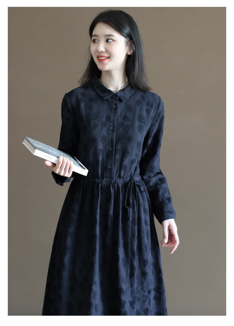 센 부서 순면 공작 깃털 자카드 여성 드레스 가을 의상 새로운 문예 루즈핏 셔츠 드레스 긴팔 품격 롱 스커트 상세 이미지 19