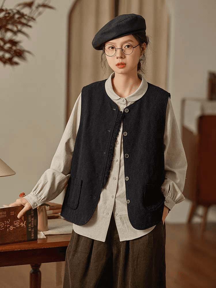 레트로 노스탤지어 검정색 자카드 조끼 여자 2026 가을 새로운 캐주얼 다용도 조끼 맨위 이미지 2