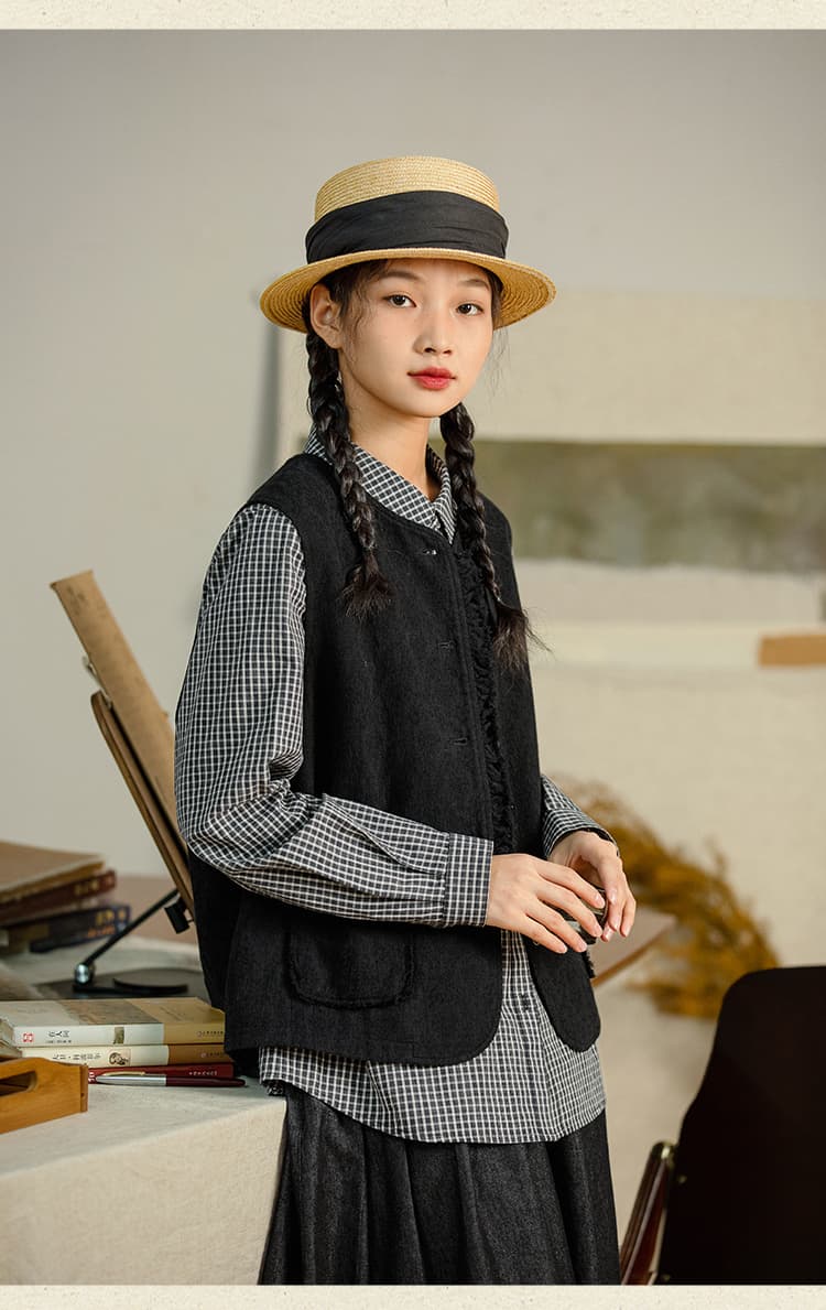레트로 노스탤지어 검정색 자카드 조끼 여자 2026 가을 새로운 캐주얼 다용도 조끼 맨위 상세 이미지 12