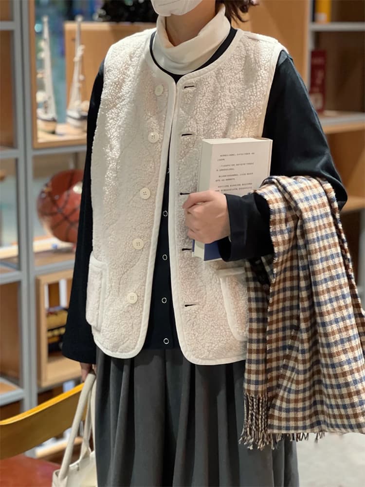 가을 겨울 레트로 Chic 보온 양털 베스트 조끼 여성 프랑스식 고급 센스 양면 착용 민소매 조끼 재킷 상세 이미지 7
