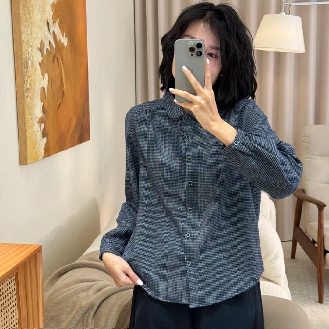 컬러 짜임 체크무늬 폴로 칼라 여성 셔츠 2026 가을 새로운 패션 다용도 문예 레트로 캐주얼 여성 셔츠 이미지 2