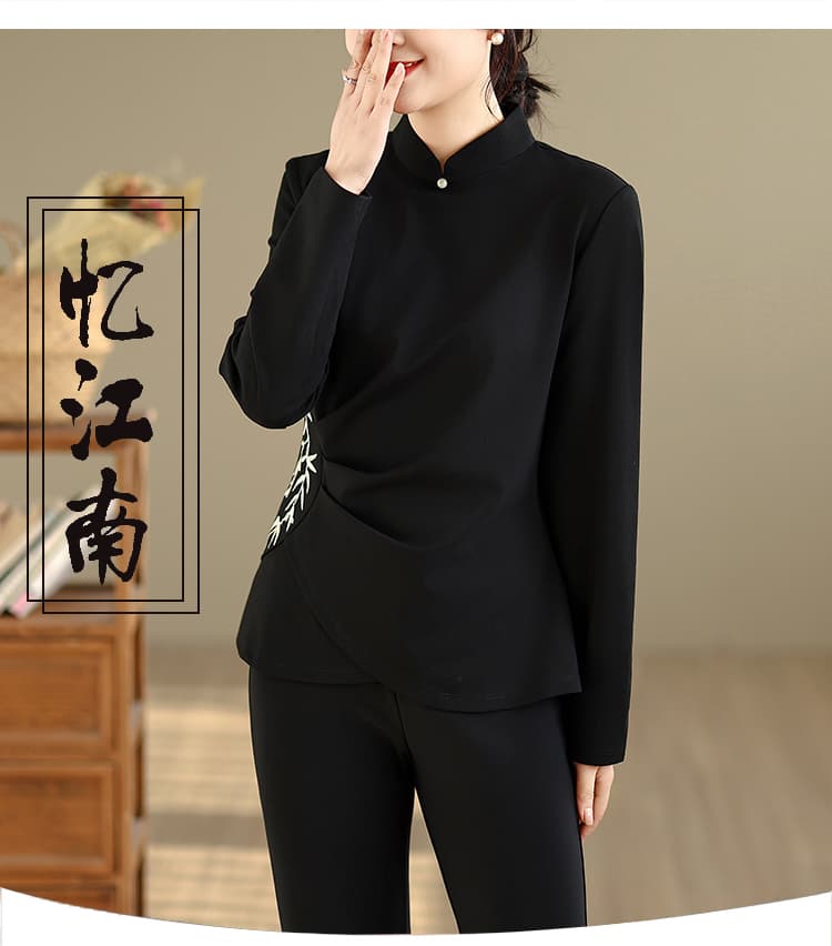 실사 중식 자수 치파오 바람 허리 수축 디자인 센스 몸매 가꾸기 슬림해 보이는 맨위 여성 가을 품격 외출용 기본 셔츠 상세 이미지 1