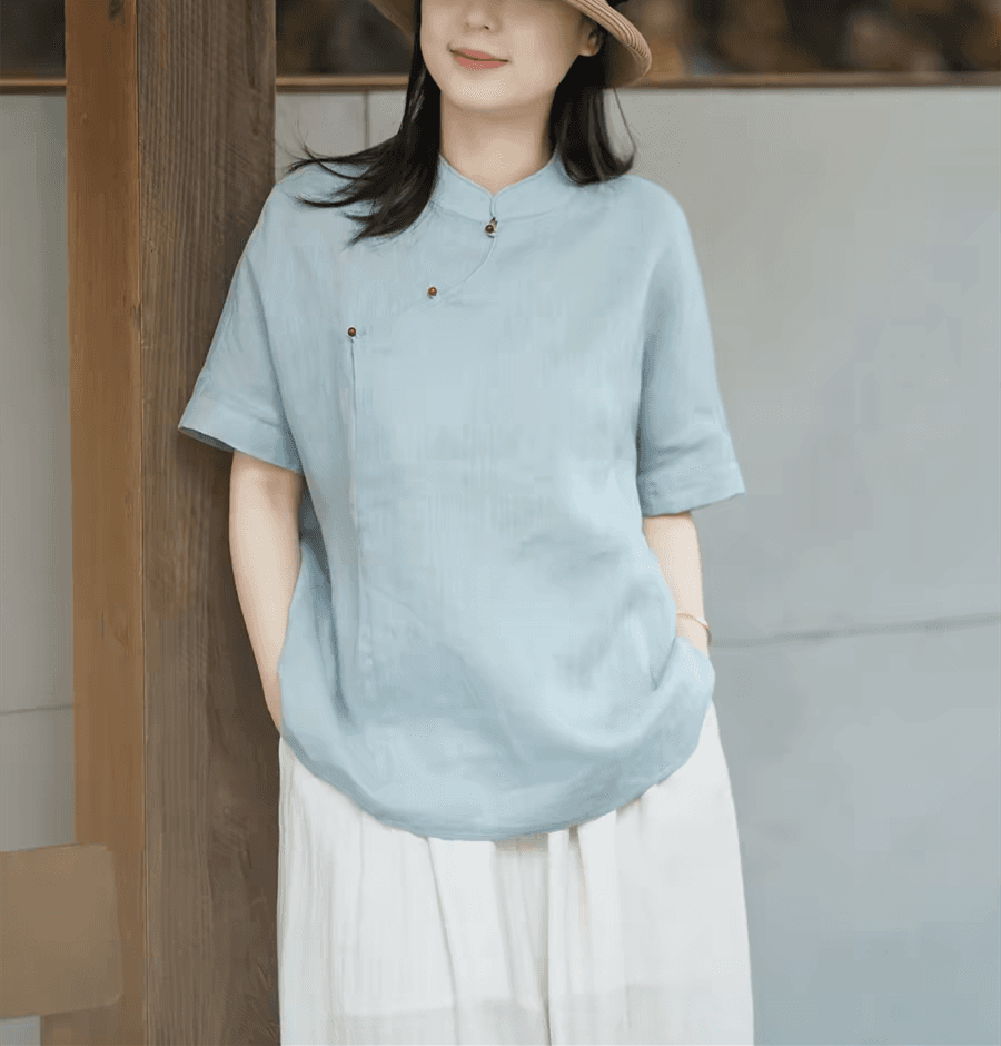 새로운 중식 국풍 레트로 면 린넨 스탠드 칼라 치파오 맨위 여성 2026 여름 새로운 캐주얼 루즈핏 단추 반팔