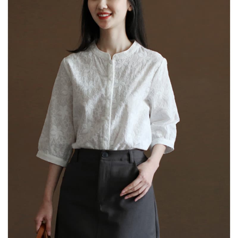 센 부서 순면 자수 셔츠 2026 여름 새로운 레트로 문예 중식 스탠드 칼라 셔츠 여성 7부 소매 맨위 이미지 2