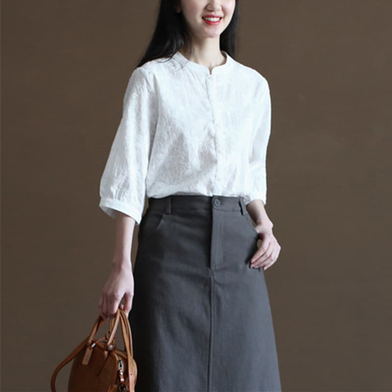 센 부서 순면 자수 셔츠 2026 여름 새로운 레트로 문예 중식 스탠드 칼라 셔츠 여성 7부 소매 맨위 상세 이미지 6