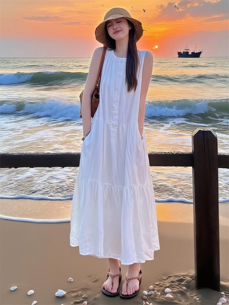 프랑스식 고급 센스 품격 미니멀리즘 화이트 드레스 여름 새로운 느긋한 패션 루즈핏 패치워크 민소매 롱 스커트 상세 이미지 2