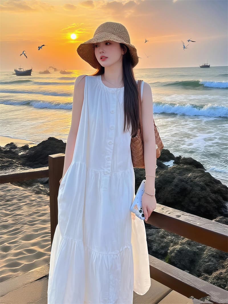 프랑스식 고급 센스 품격 미니멀리즘 화이트 드레스 여름 새로운 느긋한 패션 루즈핏 패치워크 민소매 롱 스커트 상세 이미지 3