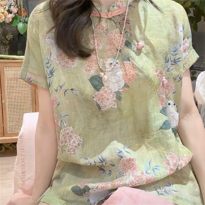 여름 닛신 중식 비스듬한 襟 면 린넨 셔츠 여름 느슨함 센스 맨위 착용 가져 가라. 국풍 프린트 작은 셔츠 여성 상세 이미지 6