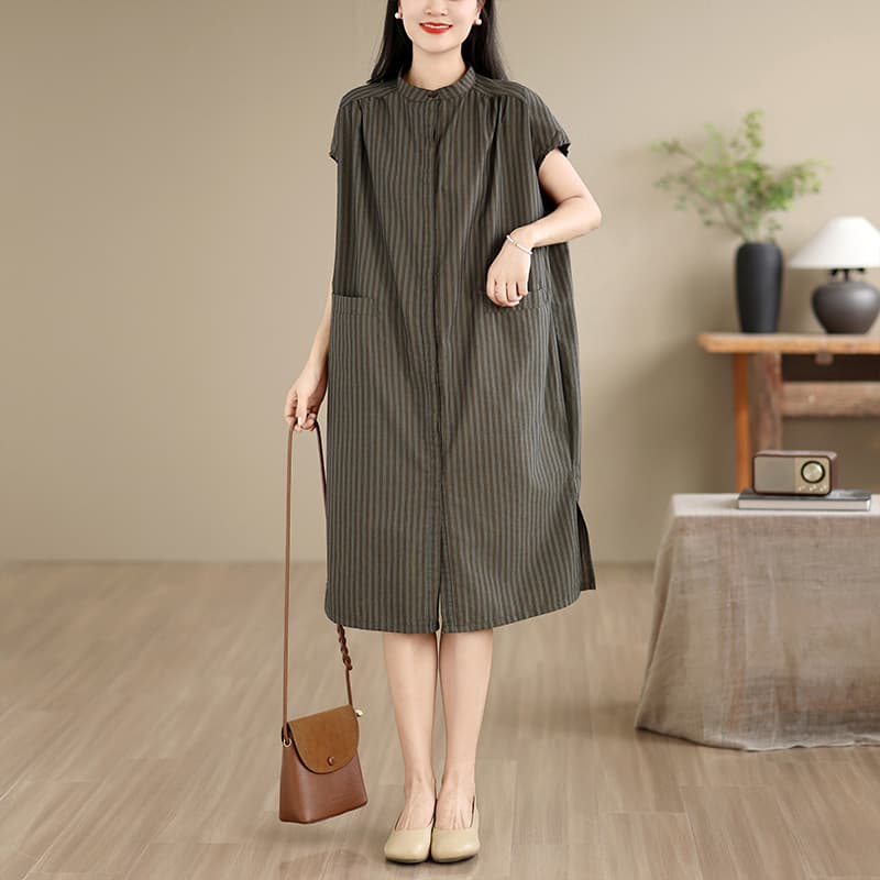 빅 사이즈 지방 mm 순면 셔츠 드레스 여름 새로운 배색 스트라이프 주머니 반팔 루즈핏 슬림해 보이는 품격 드레스 이미지 2