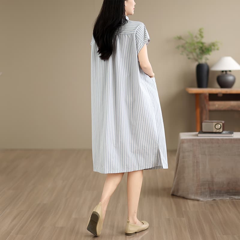 빅 사이즈 지방 mm 순면 셔츠 드레스 여름 새로운 배색 스트라이프 주머니 반팔 루즈핏 슬림해 보이는 품격 드레스 이미지 4