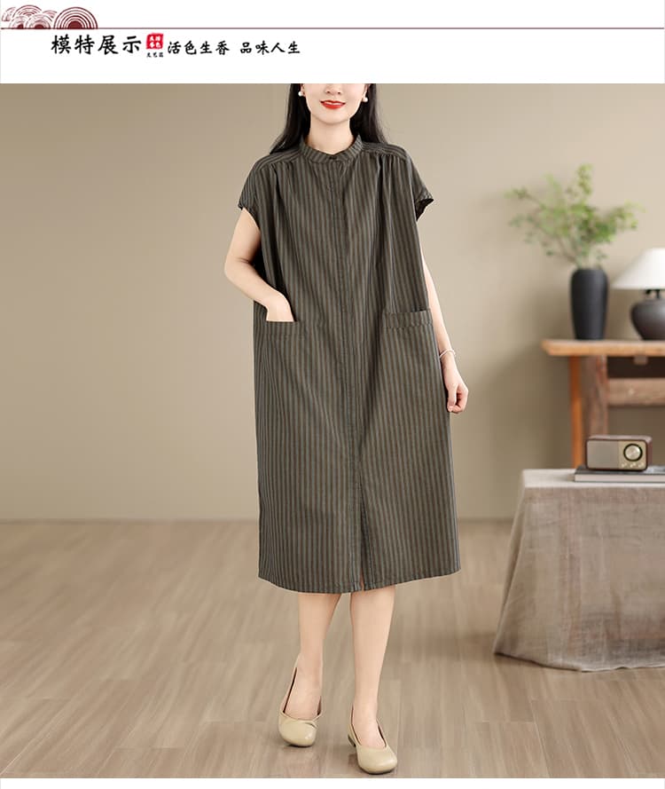 빅 사이즈 지방 mm 순면 셔츠 드레스 여름 새로운 배색 스트라이프 주머니 반팔 루즈핏 슬림해 보이는 품격 드레스 상세 이미지 10