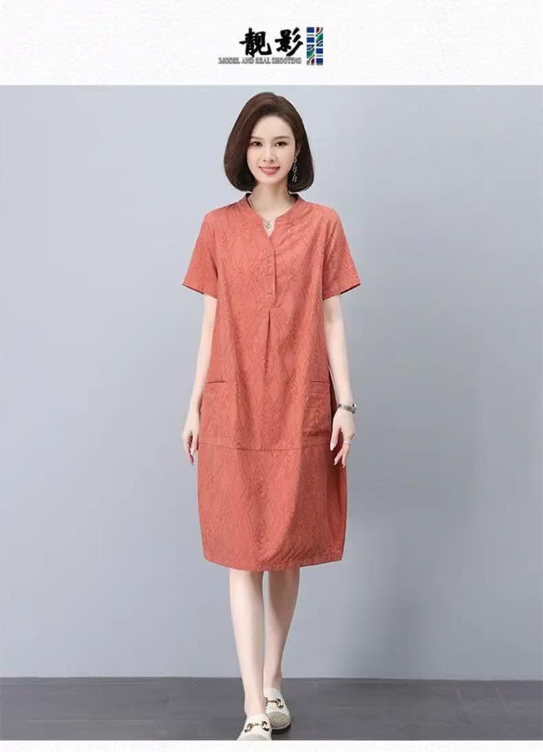 고급 면 린넨 자카드 반팔 중간 길이 드레스 여름 새로운 캐주얼 품격 빅 사이즈 루즈핏 엄마 치마 상세 이미지 6