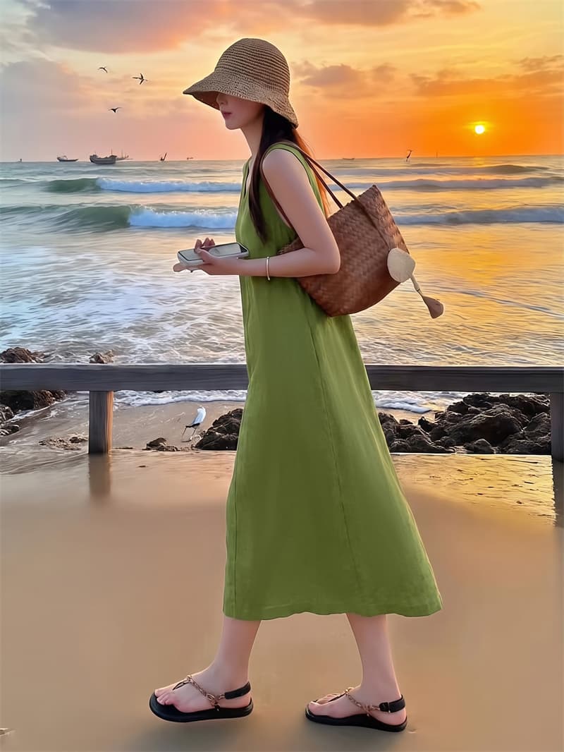 실사 민소매 면 린넨 여성 드레스 프랑스식 여름 새로운 슬림해 보이는 운동 캐주얼 치마 고급 센스 빛 럭셔리 롱 스커트 이미지 4