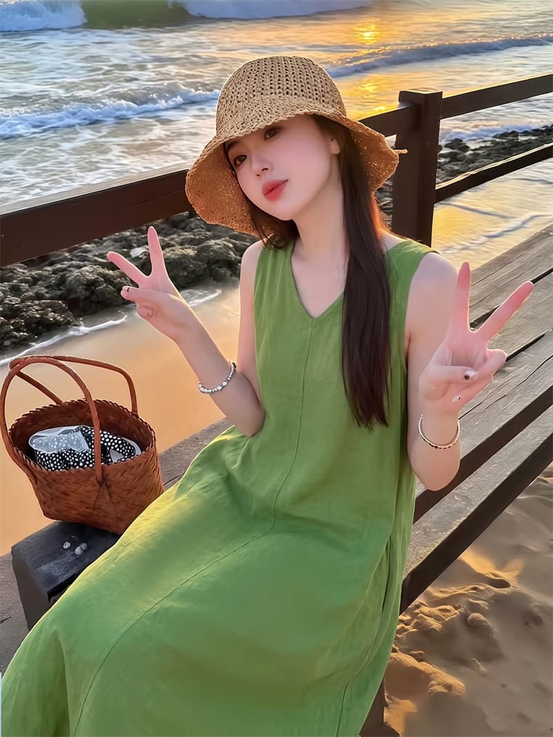 실사 민소매 면 린넨 여성 드레스 프랑스식 여름 새로운 슬림해 보이는 운동 캐주얼 치마 고급 센스 빛 럭셔리 롱 스커트 상세 이미지 5