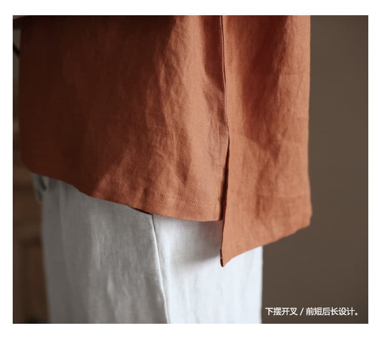 중식 개선 면 린넨 셔츠 2026 여름 국풍 스탠드 칼라 문예 레트로 비스듬한 襟 셔츠 단색 맨위 여성 상세 이미지 3
