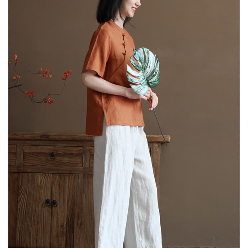 중식 개선 면 린넨 셔츠 2026 여름 국풍 스탠드 칼라 문예 레트로 비스듬한 襟 셔츠 단색 맨위 여성 상세 이미지 8