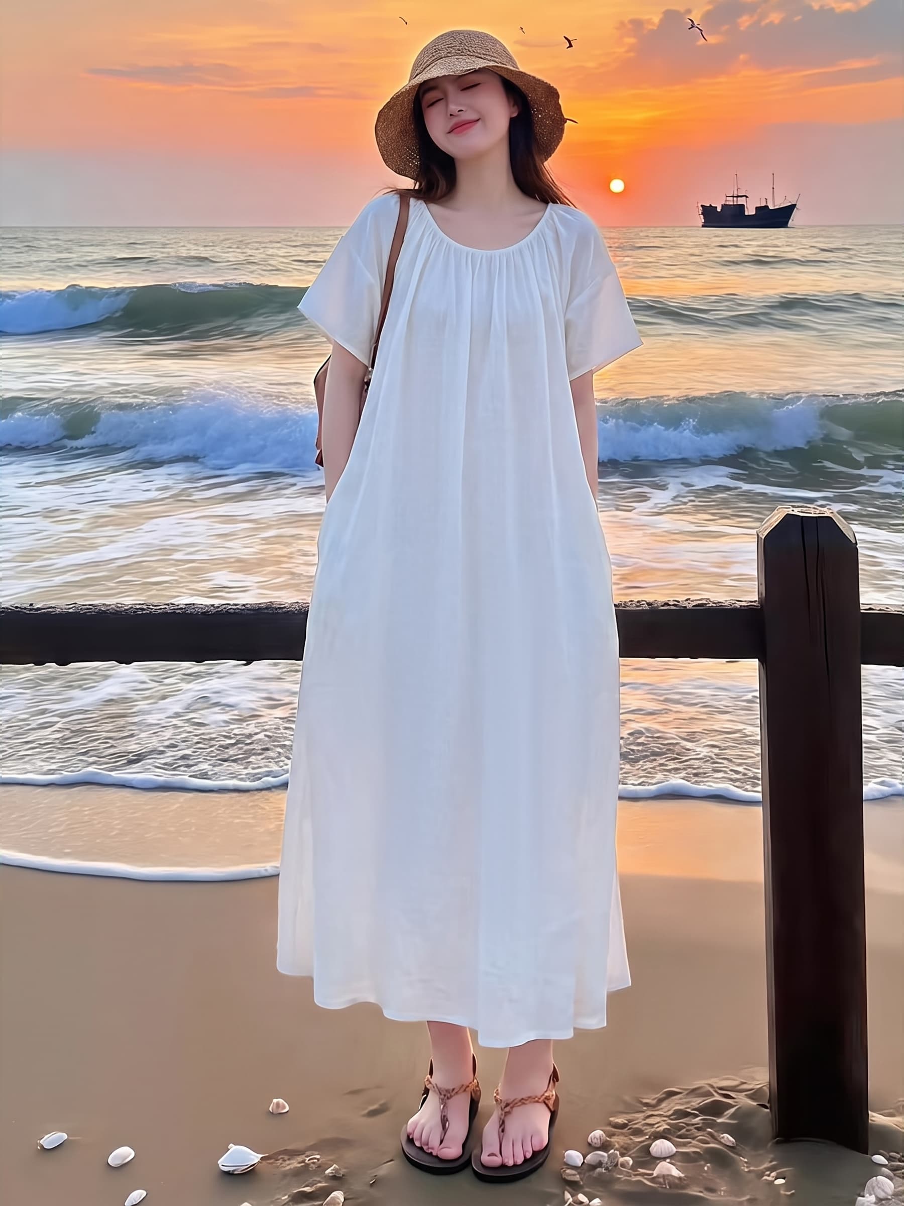 실사 여름 새로운 한 부서 더블 실 순면 드레스 V넥 캐주얼 루즈핏 품격 슬림해 보이는 점프 슈트