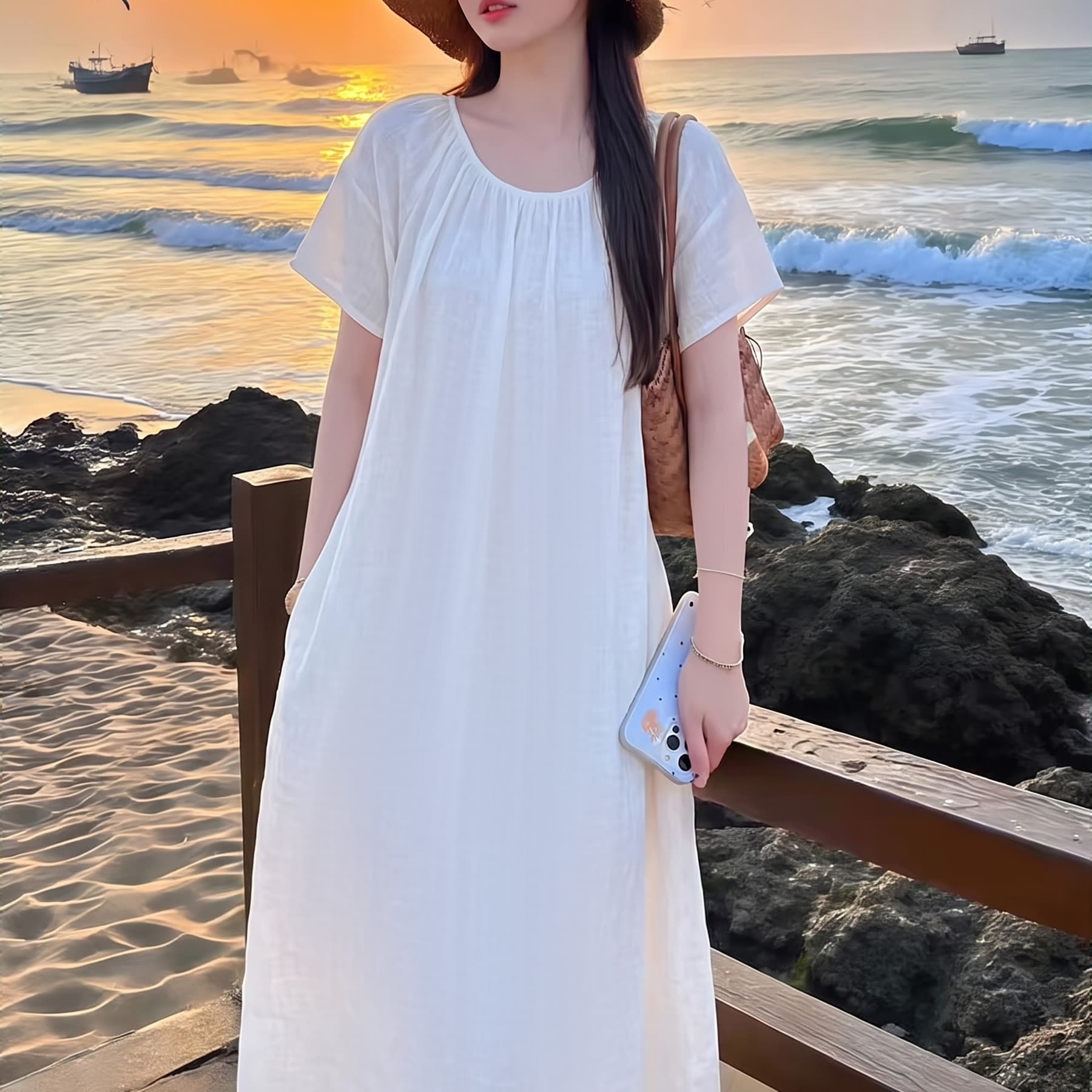 실사 여름 새로운 한 부서 더블 실 순면 드레스 V넥 캐주얼 루즈핏 품격 슬림해 보이는 점프 슈트 이미지 5