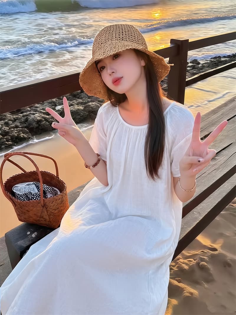 실사 여름 새로운 한 부서 더블 실 순면 드레스 V넥 캐주얼 루즈핏 품격 슬림해 보이는 점프 슈트 상세 이미지 3