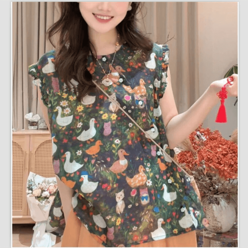귀여운 오리 여름 연령 감소 중식 레트로 프린트 패턴 라운드 넥 출퇴근 작은 셔츠 루즈핏 슬림해 보이는 맨위 여성 이미지 5