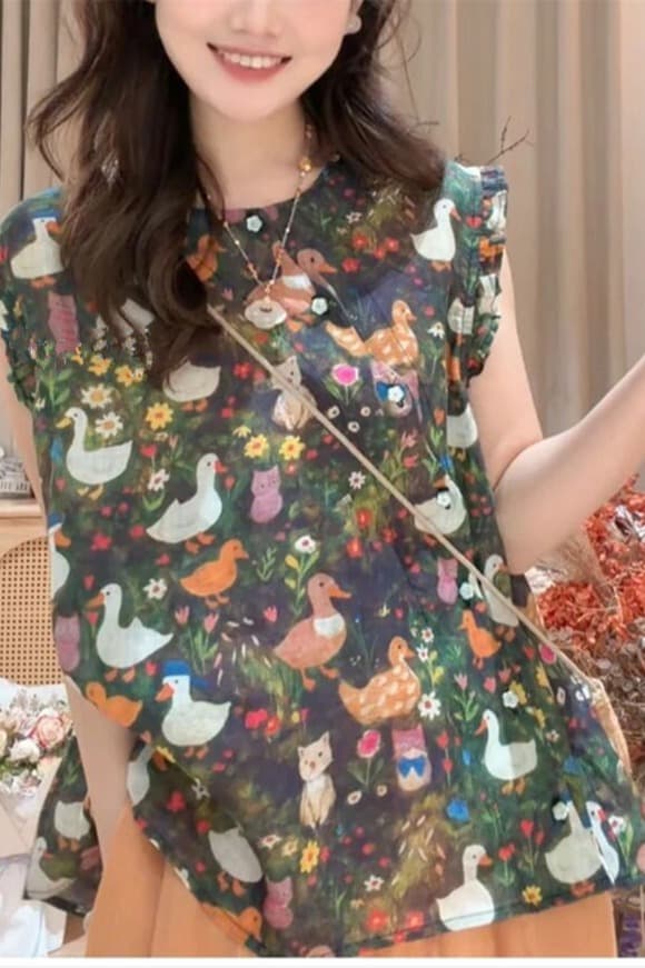 귀여운 오리 여름 연령 감소 중식 레트로 프린트 패턴 라운드 넥 출퇴근 작은 셔츠 루즈핏 슬림해 보이는 맨위 여성 이미지 6