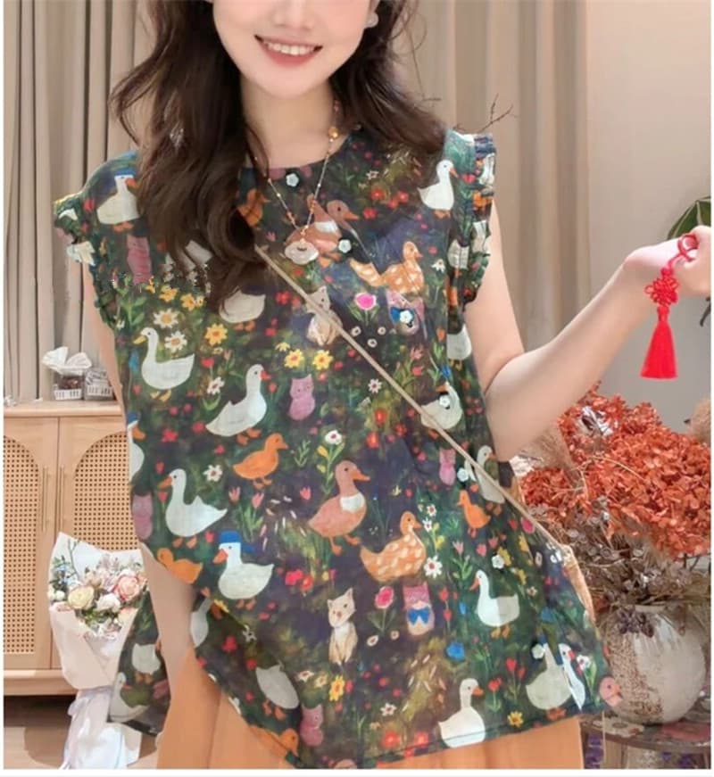 귀여운 오리 여름 연령 감소 중식 레트로 프린트 패턴 라운드 넥 출퇴근 작은 셔츠 루즈핏 슬림해 보이는 맨위 여성 상세 이미지 2