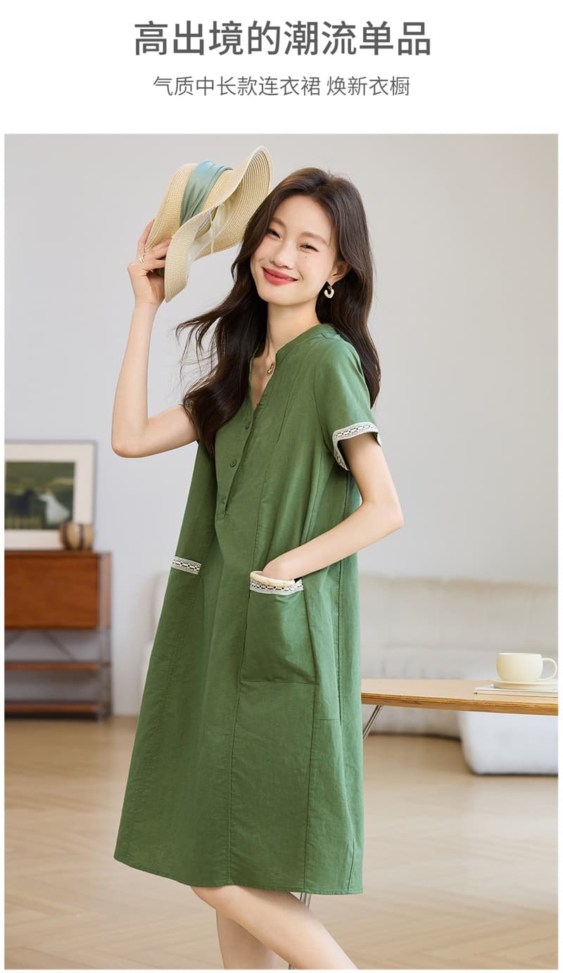 한국 스타일 루즈핏 캐주얼 반팔 패치워크 레이스 면 린넨 드레스 2026 여름 새로운 고급 치마 아이들 상세 이미지 4