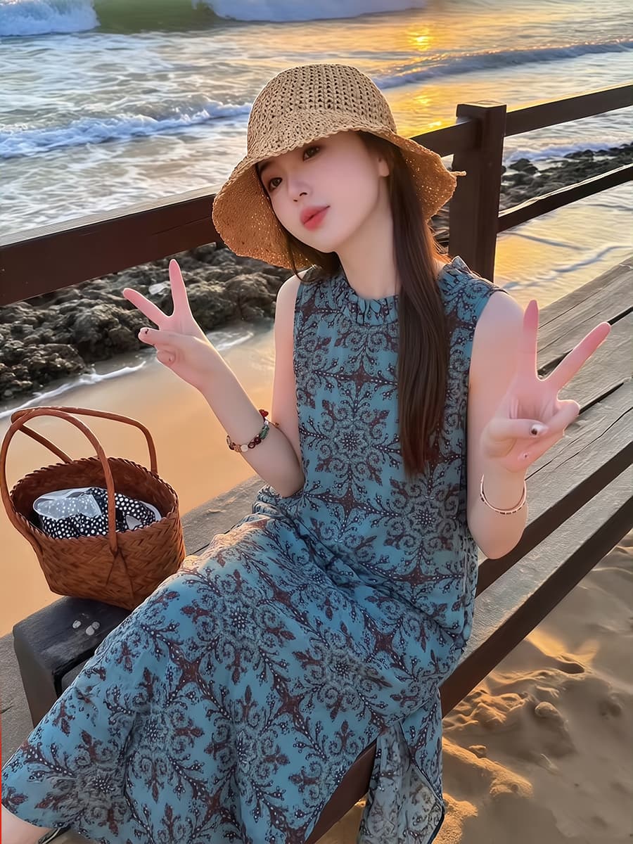 실사 패션 레트로 휴가 바람 드레스 2026 여름 새로운 고급 센스 프린트 민소매 몸매 가꾸기 슬림해 보이는 롱 스커트 이미지 3