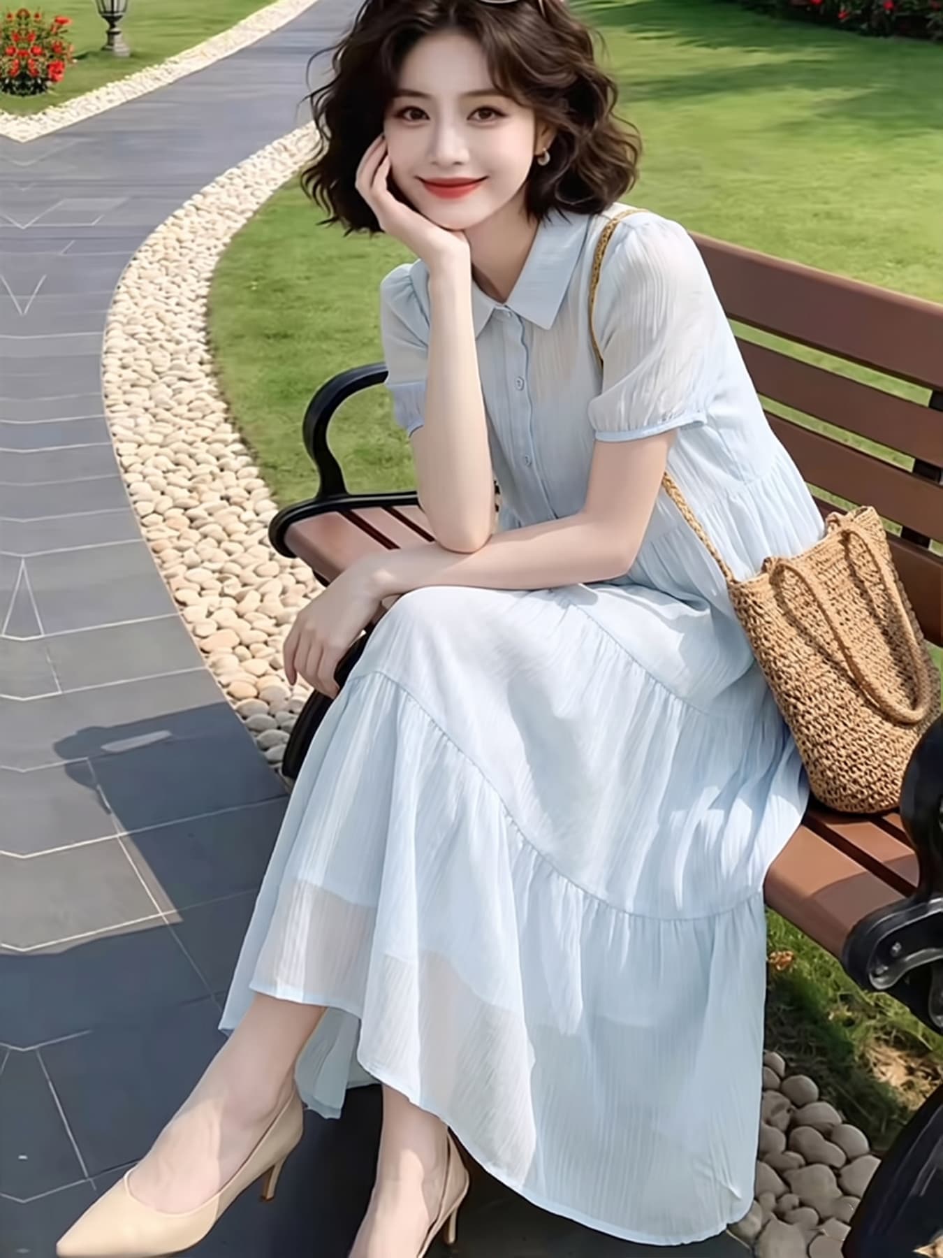 실사 라이 경기 서울 주간 실크 작은 청신 드레스 여름 셔츠 칼라 허리 수축 슬림해 보이는 품격 큰 진자 롱 스커트 여성 이미지 3