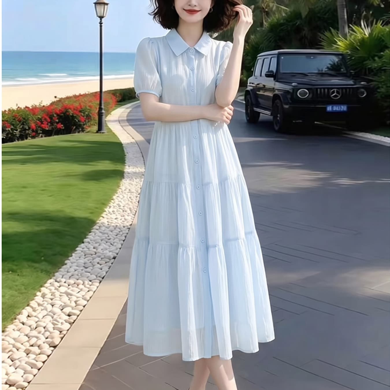 실사 라이 경기 서울 주간 실크 작은 청신 드레스 여름 셔츠 칼라 허리 수축 슬림해 보이는 품격 큰 진자 롱 스커트 여성 이미지 5