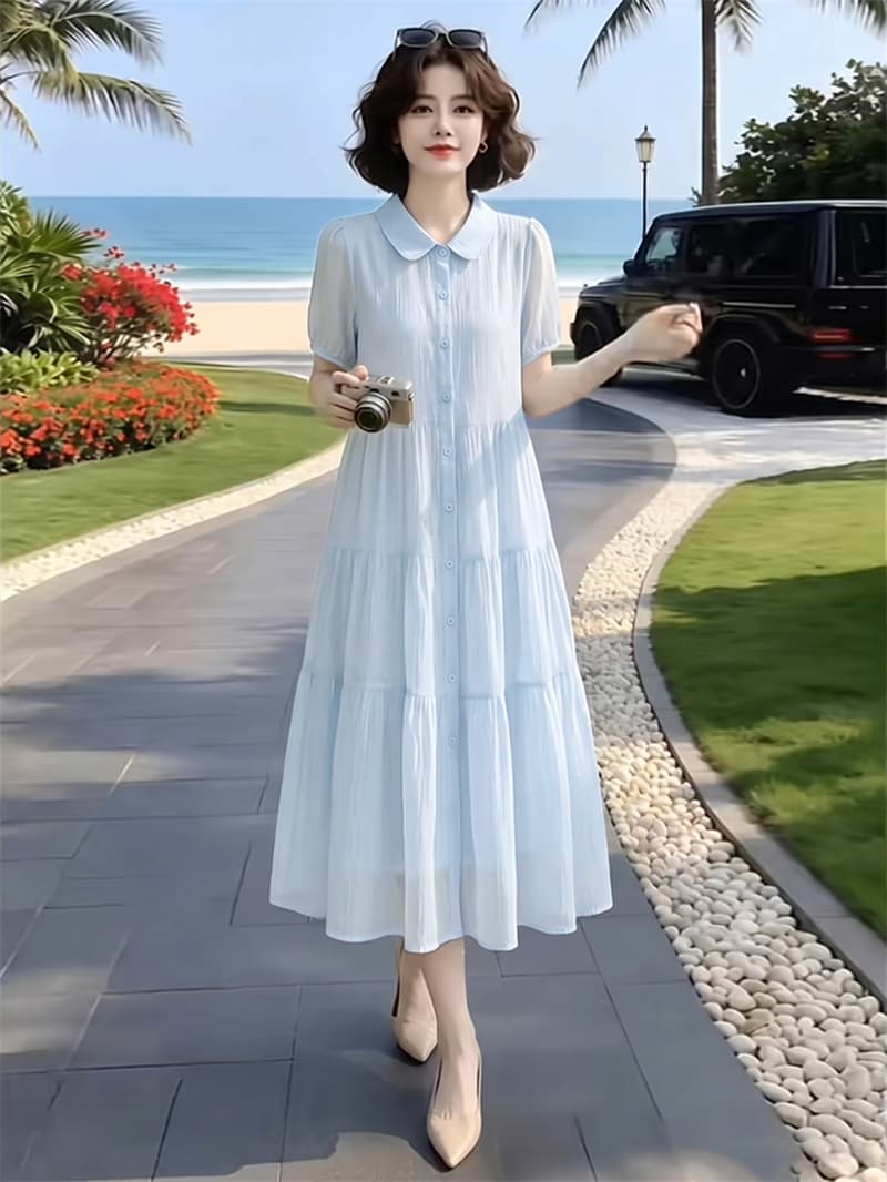 실사 라이 경기 서울 주간 실크 작은 청신 드레스 여름 셔츠 칼라 허리 수축 슬림해 보이는 품격 큰 진자 롱 스커트 여성 상세 이미지 2