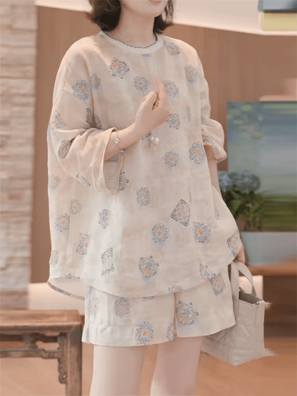 보물 벚꽃 26 년 여름 새로운 캐주얼 라운드 넥 반팔 루즈핏 맨위 허리밴드 반바지 패션 세트 상세 이미지 6