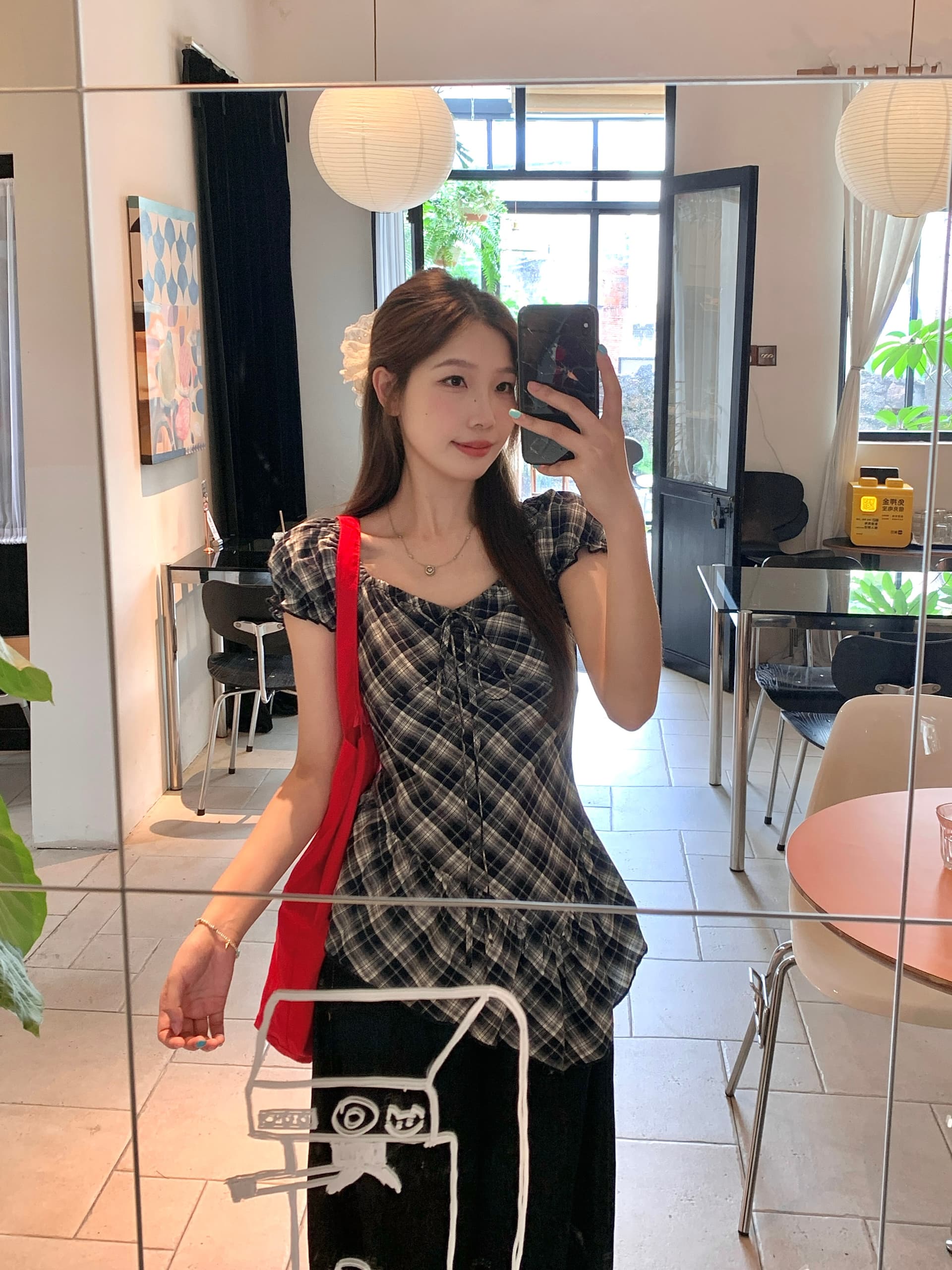 실사 빅 사이즈 프랑스식 레트로 불규칙 프릴 거품 소매 맨위 여름 새로운 몸매 가꾸기 체크무늬 맨위 상세 이미지 7