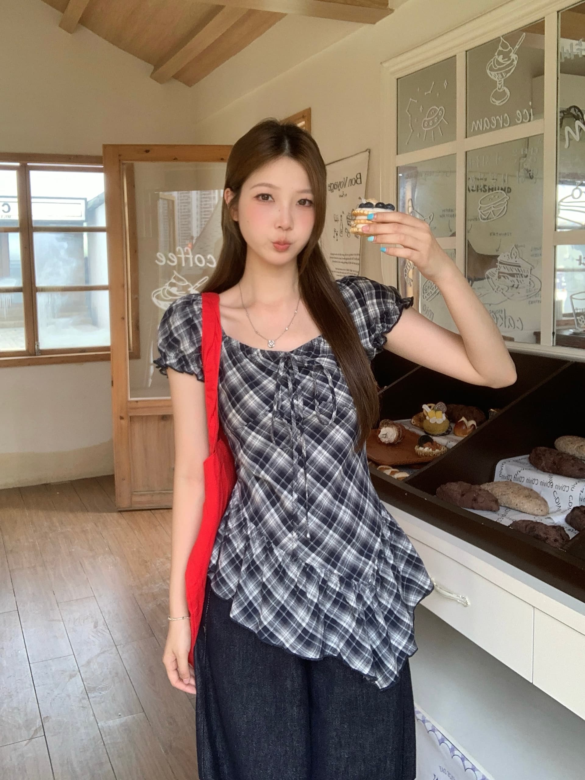 실사 빅 사이즈 프랑스식 레트로 불규칙 프릴 거품 소매 맨위 여름 새로운 몸매 가꾸기 체크무늬 맨위 상세 이미지 8