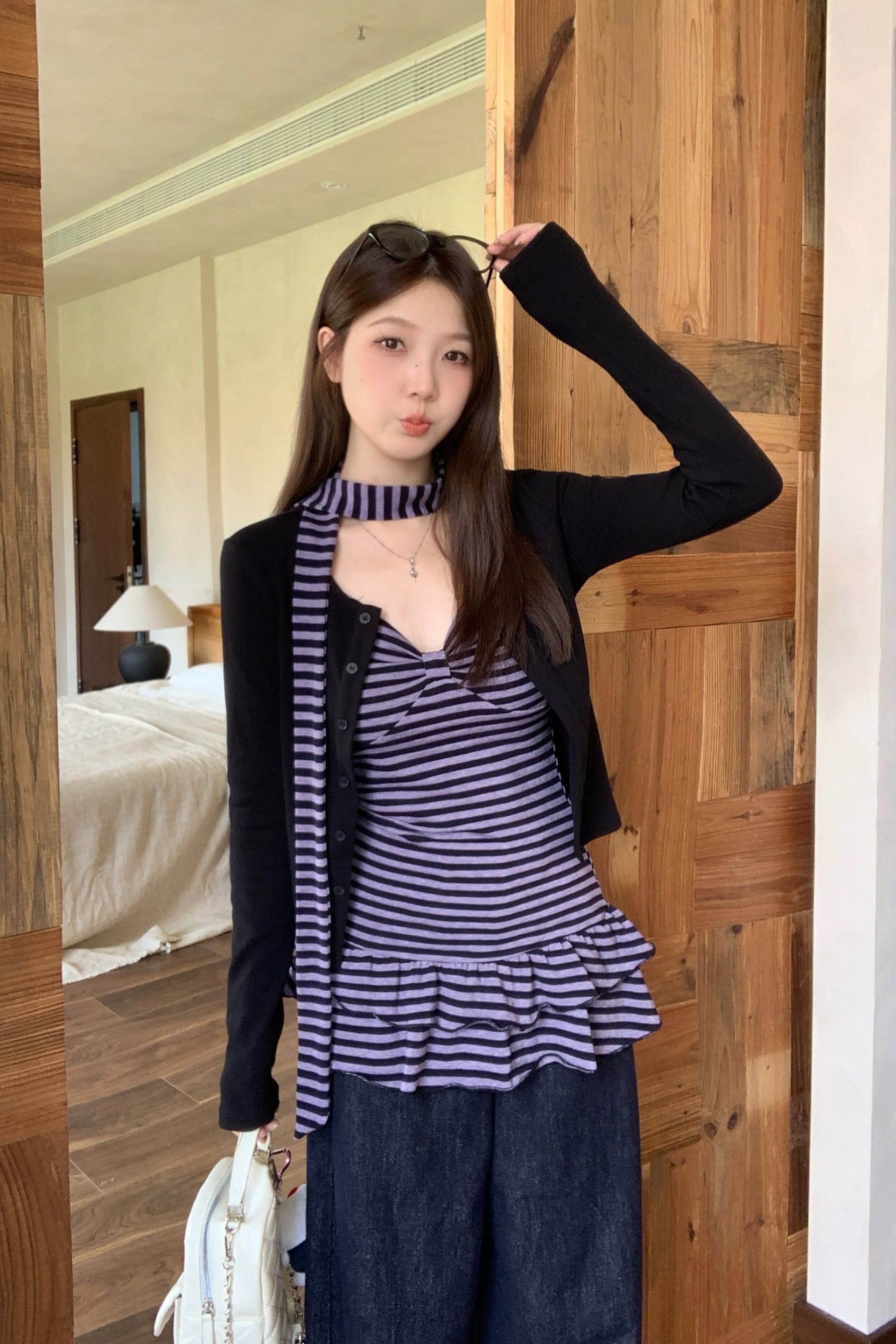 실사 빅 사이즈 지방 mm 가을 새로운 한 부서 순수한 욕망 바람 스트라이프 캐미솔 슬림해 보이는 오픈 가디건 맨위 세트 이미지 6
