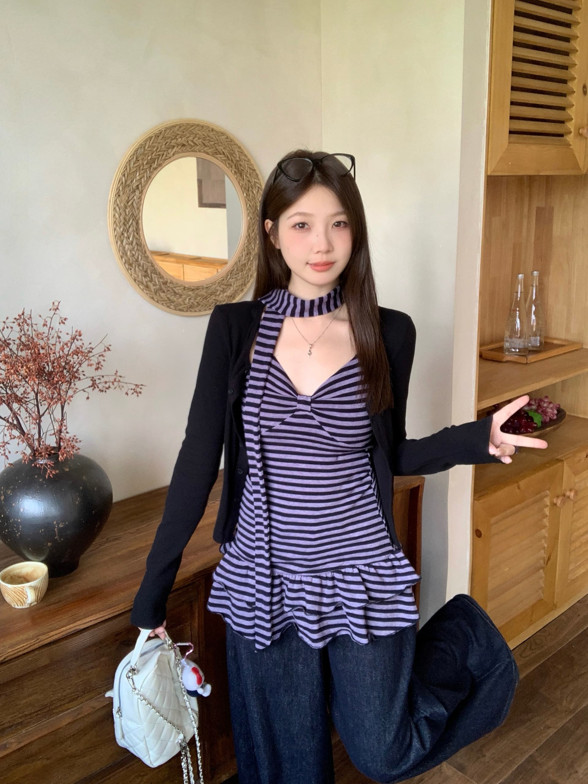 실사 빅 사이즈 지방 mm 가을 새로운 한 부서 순수한 욕망 바람 스트라이프 캐미솔 슬림해 보이는 오픈 가디건 맨위 세트 상세 이미지 5