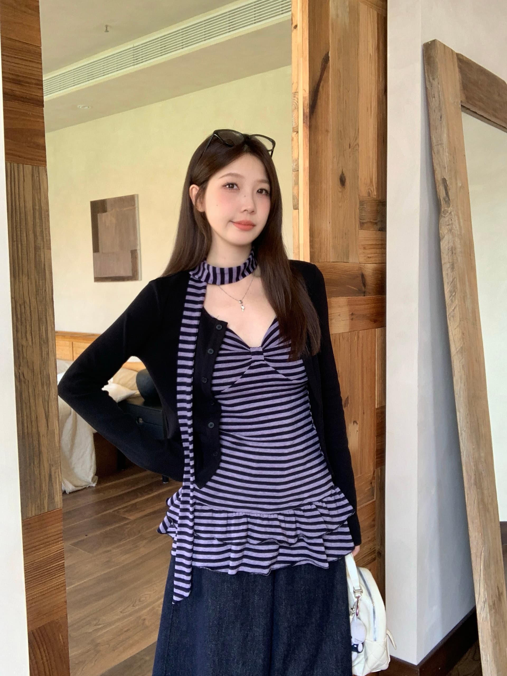 실사 빅 사이즈 지방 mm 가을 새로운 한 부서 순수한 욕망 바람 스트라이프 캐미솔 슬림해 보이는 오픈 가디건 맨위 세트 상세 이미지 8
