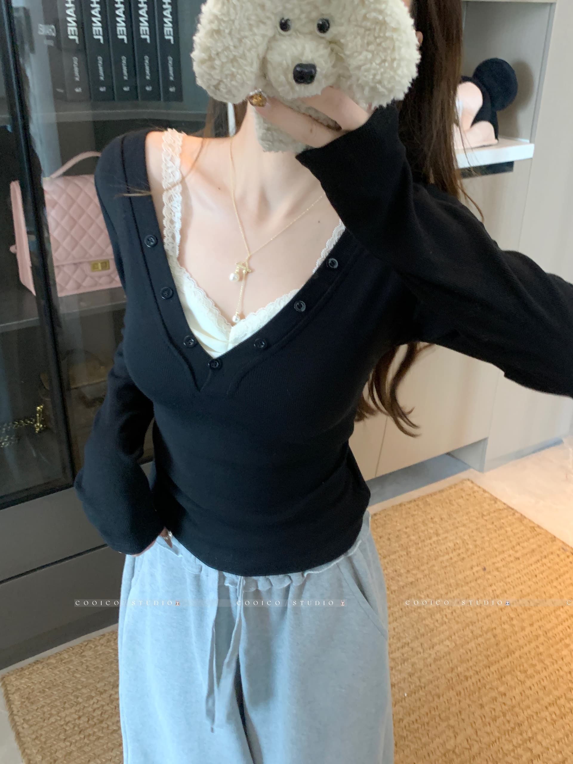 실사 빅 사이즈 지방 mm 가을 새로운 순수한 욕망 바람 섹시함 레이스 조각 페이크 레이어드 맨위 몸매 가꾸기 슬림해 보이는 티셔츠 이미지 3