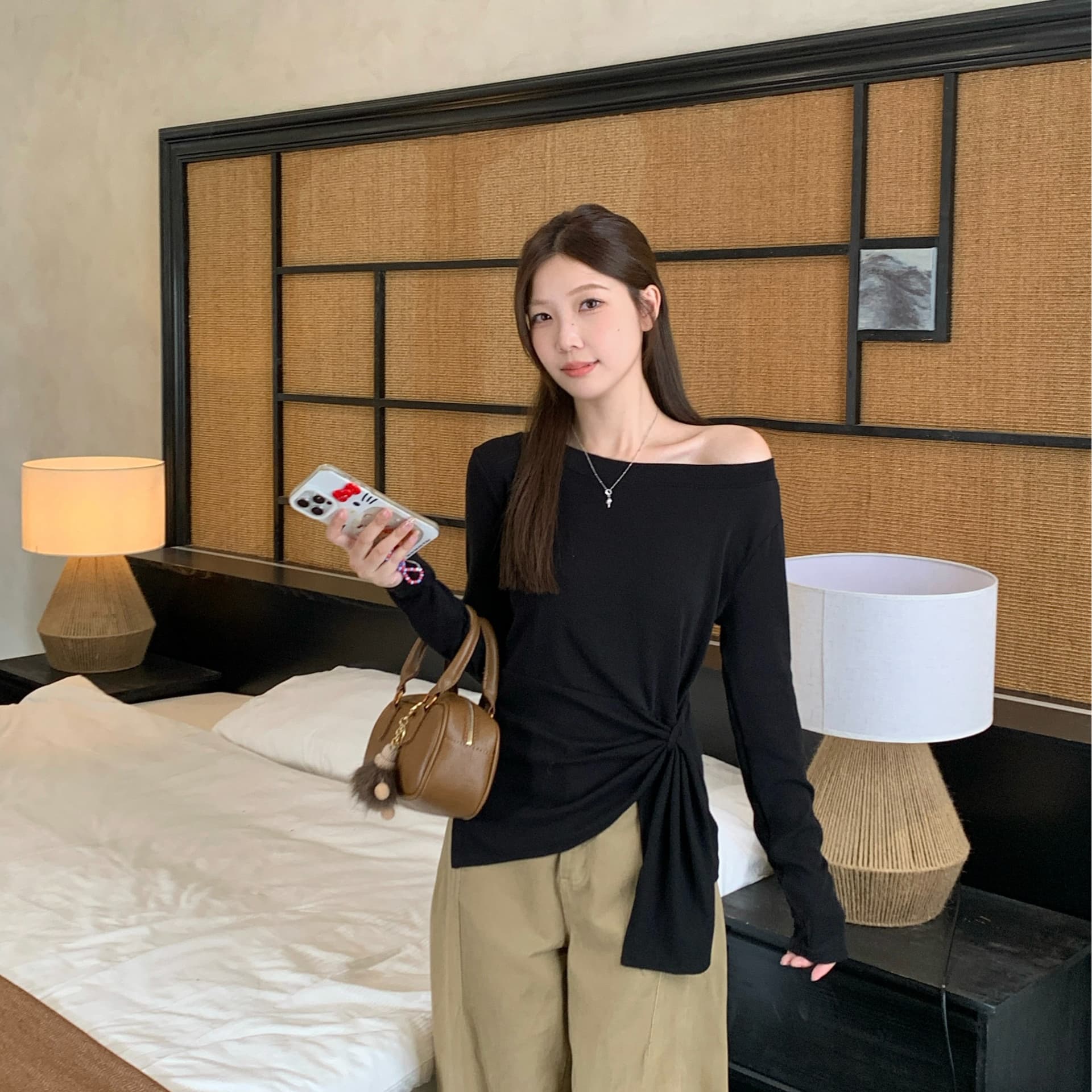 실사 빅 사이즈 가을 새로운 한 부서 스트라이프 불규칙 트임 비스듬한 어깨 긴팔 티셔츠 허리 수축 슬림해 보이는 맨위 이미지 5