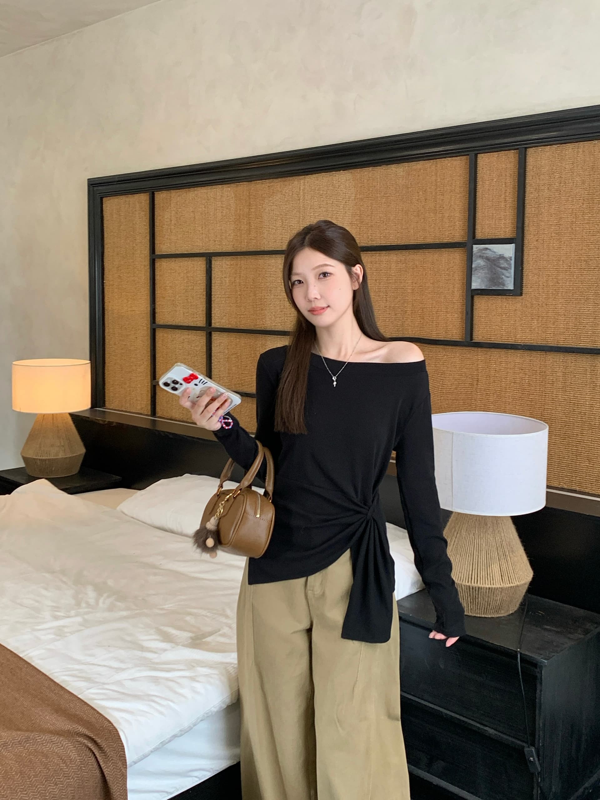 실사 빅 사이즈 가을 새로운 한 부서 스트라이프 불규칙 트임 비스듬한 어깨 긴팔 티셔츠 허리 수축 슬림해 보이는 맨위 상세 이미지 18