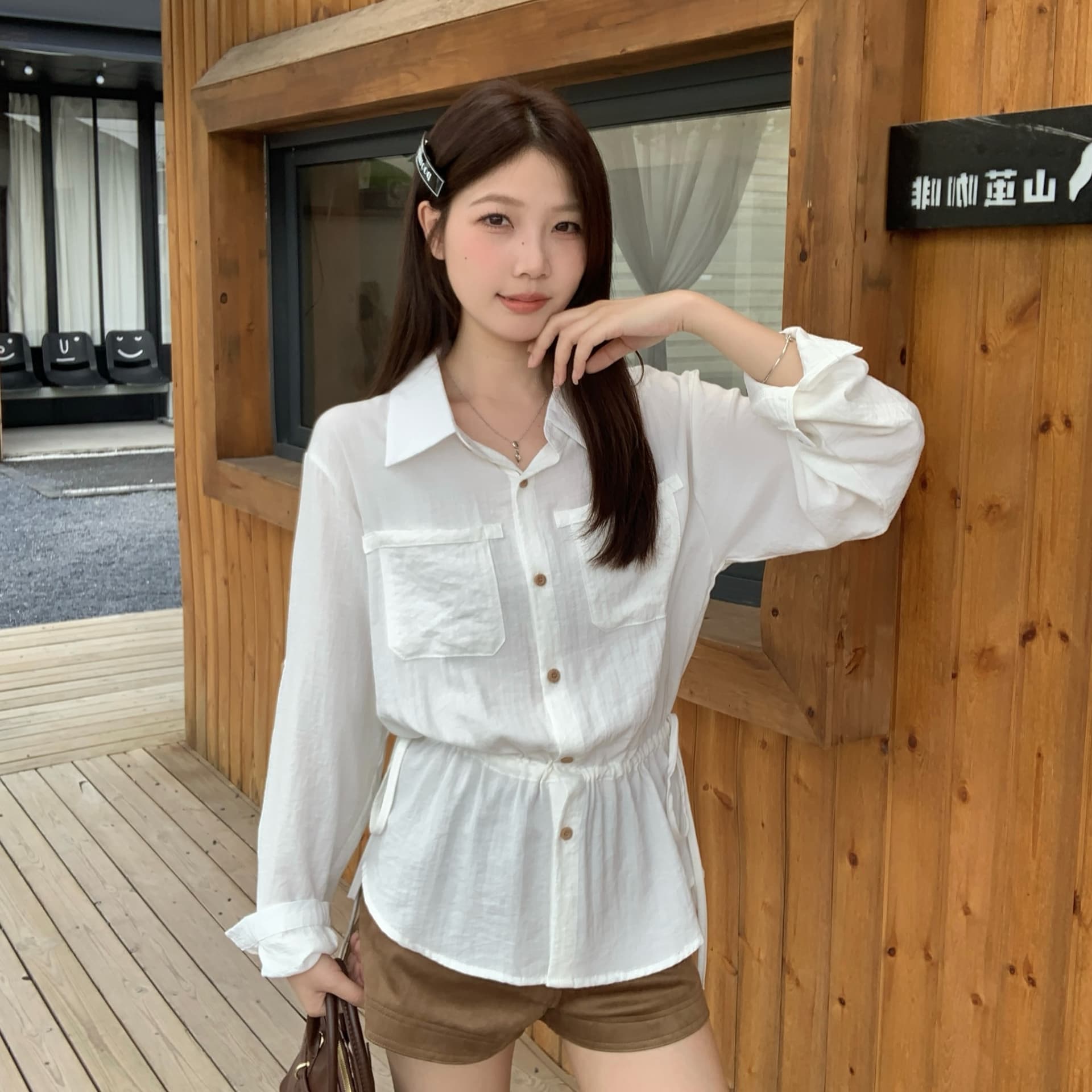 실사 빅 사이즈 한 부서 POLO 칼라 캐주얼 긴팔 셔츠 펌프 로프 디자인 센스 둘 착용 허리 수축 슬림해 보이는 맨위 이미지 5