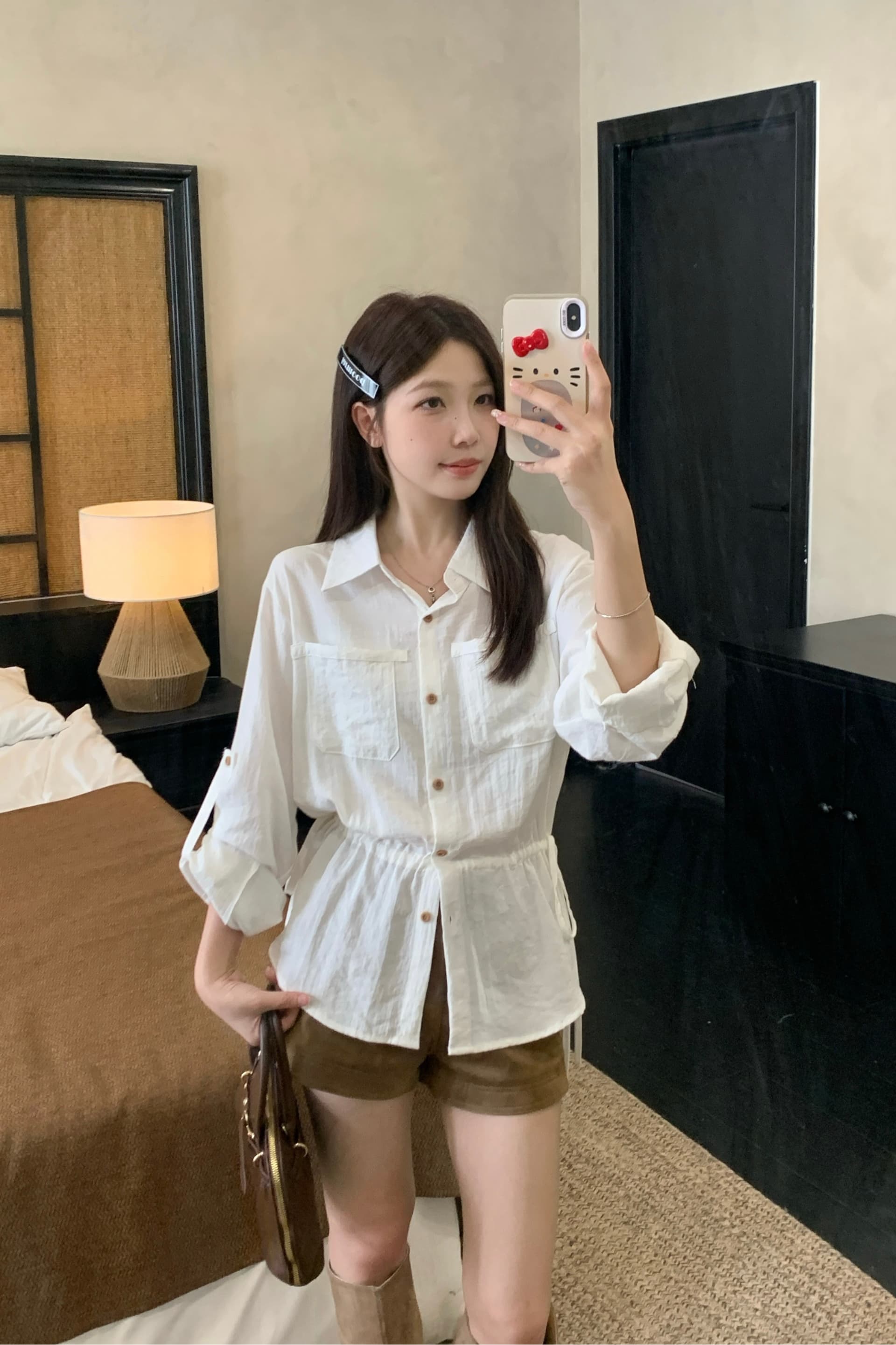 실사 빅 사이즈 한 부서 POLO 칼라 캐주얼 긴팔 셔츠 펌프 로프 디자인 센스 둘 착용 허리 수축 슬림해 보이는 맨위 이미지 6