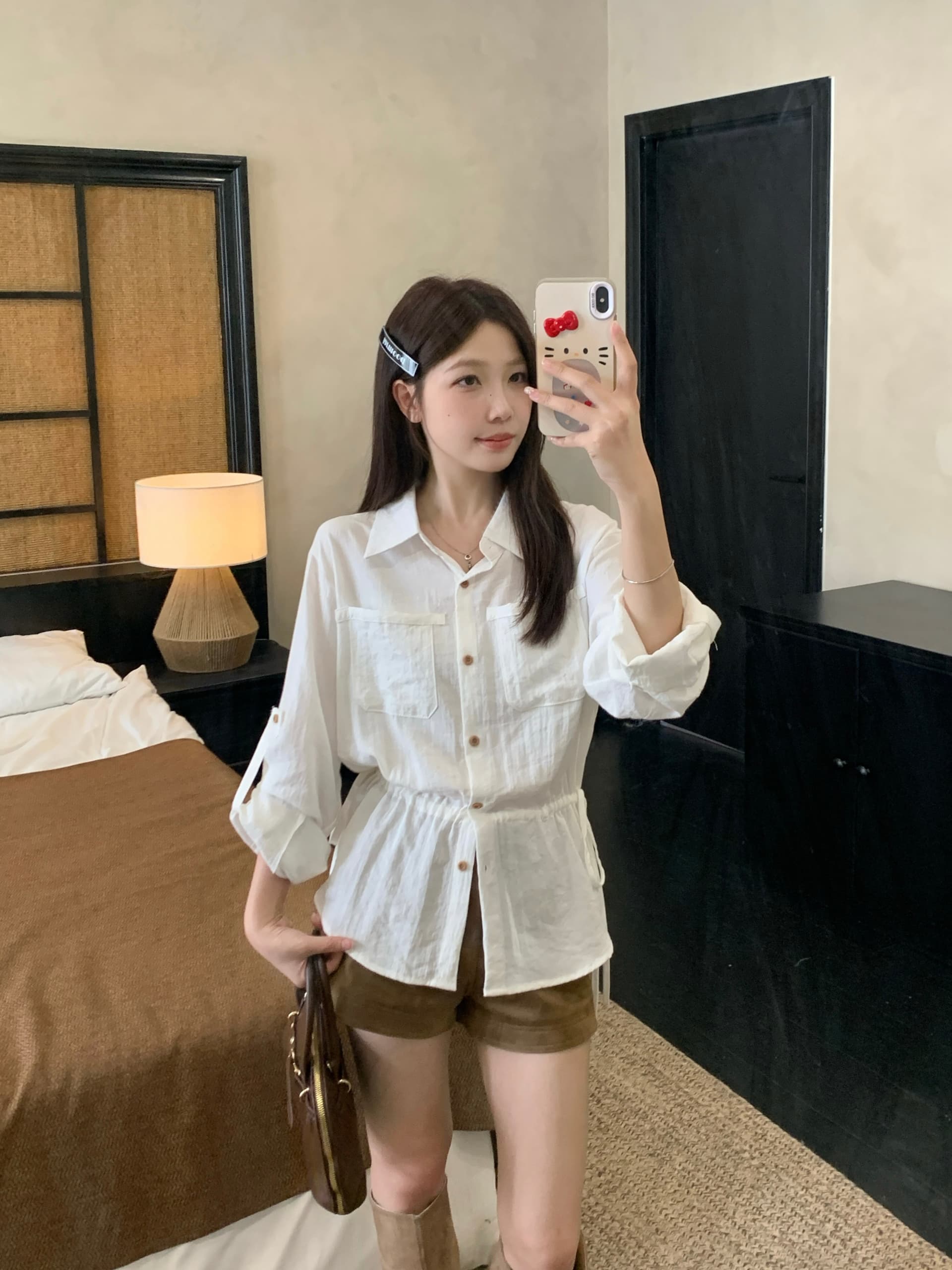 실사 빅 사이즈 한 부서 POLO 칼라 캐주얼 긴팔 셔츠 펌프 로프 디자인 센스 둘 착용 허리 수축 슬림해 보이는 맨위 상세 이미지 1