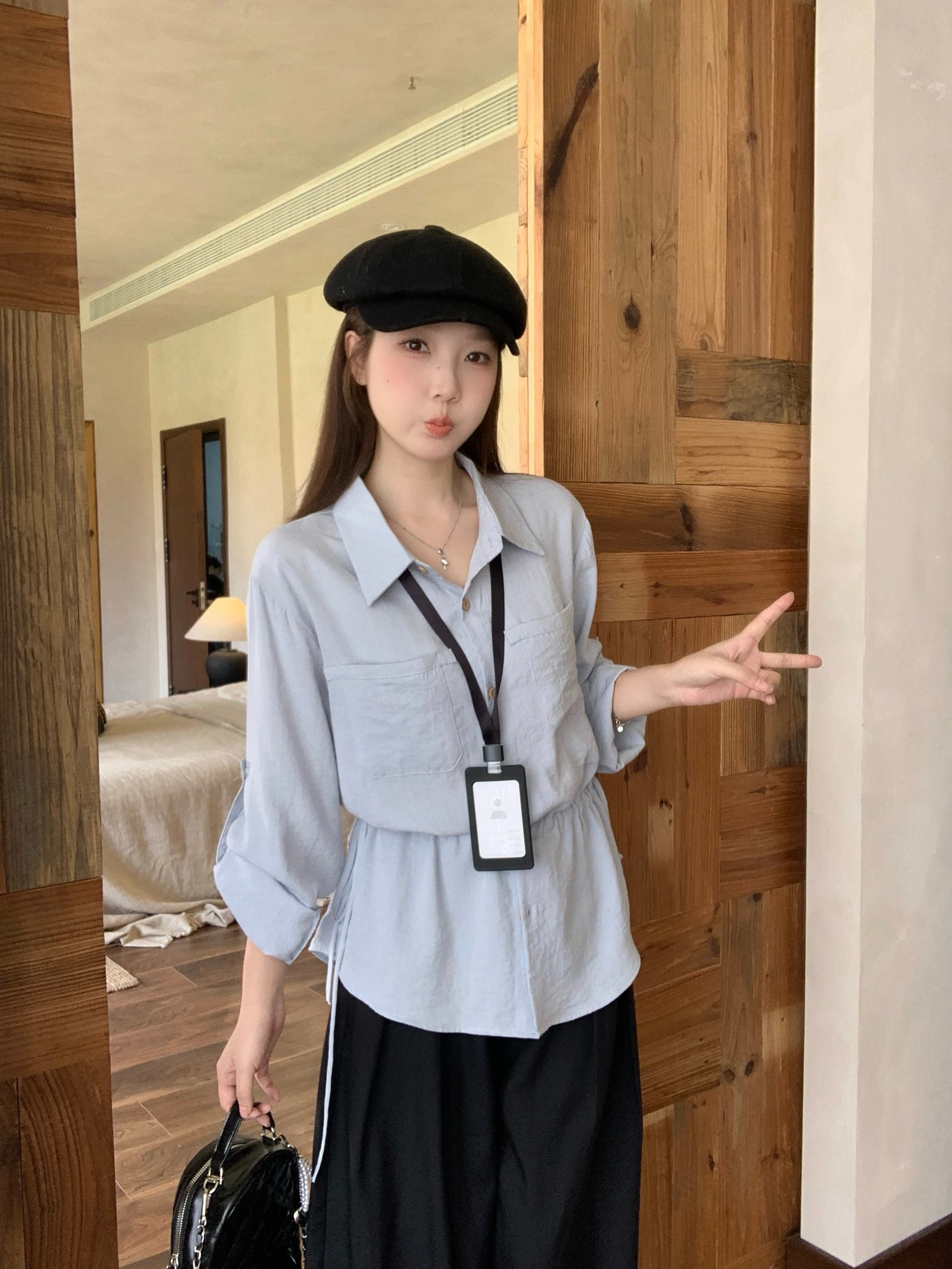 실사 빅 사이즈 한 부서 POLO 칼라 캐주얼 긴팔 셔츠 펌프 로프 디자인 센스 둘 착용 허리 수축 슬림해 보이는 맨위 상세 이미지 3