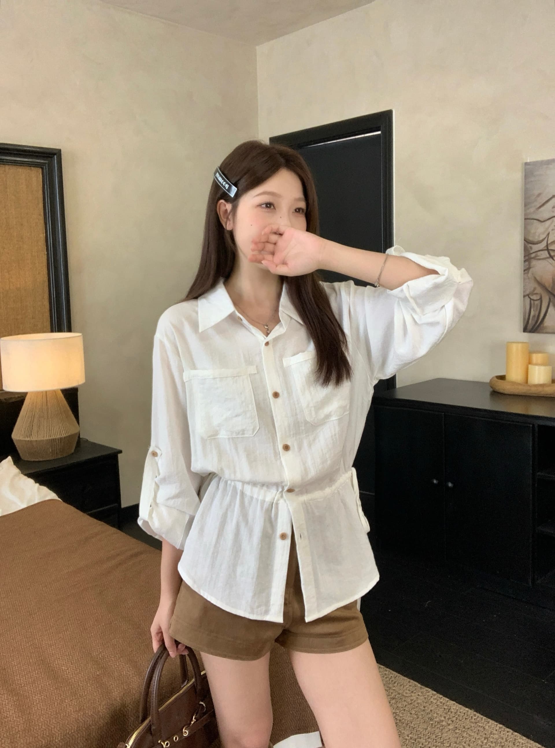 실사 빅 사이즈 한 부서 POLO 칼라 캐주얼 긴팔 셔츠 펌프 로프 디자인 센스 둘 착용 허리 수축 슬림해 보이는 맨위 상세 이미지 8