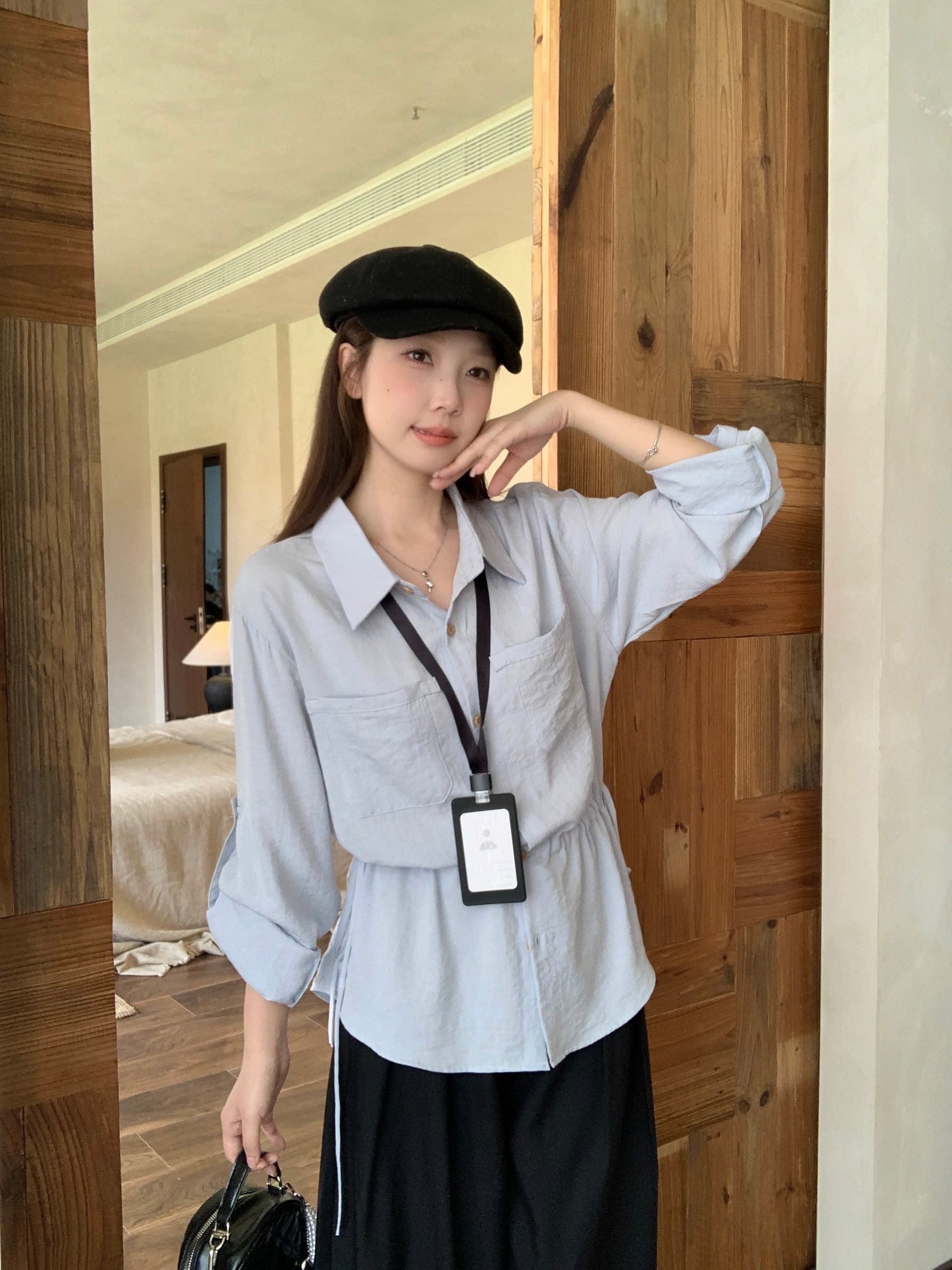 실사 빅 사이즈 한 부서 POLO 칼라 캐주얼 긴팔 셔츠 펌프 로프 디자인 센스 둘 착용 허리 수축 슬림해 보이는 맨위 상세 이미지 10