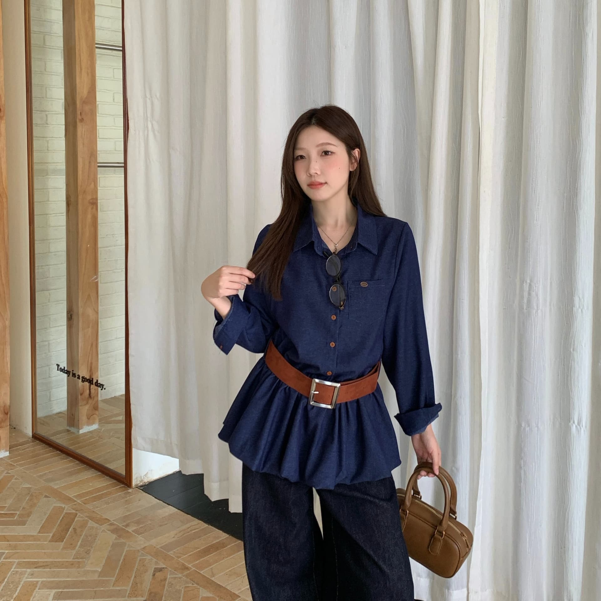 실사 빅 사이즈 지방 mm 가을 새로운 한 부서 연령 감소 꽃밭 모방 데님 셔츠 루즈핏 표지 고기 다용도 맨위 이미지 5