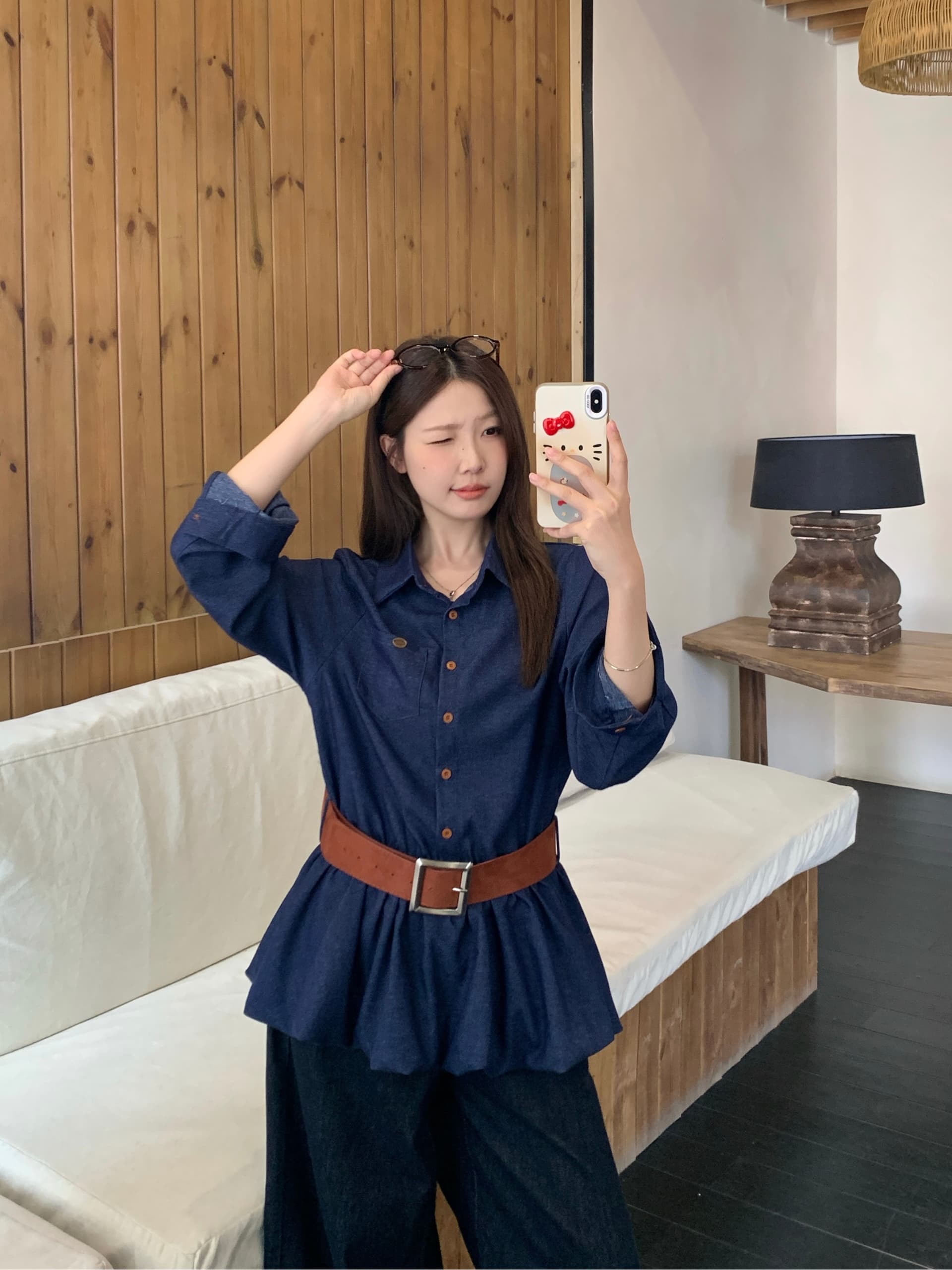 실사 빅 사이즈 지방 mm 가을 새로운 한 부서 연령 감소 꽃밭 모방 데님 셔츠 루즈핏 표지 고기 다용도 맨위 상세 이미지 2