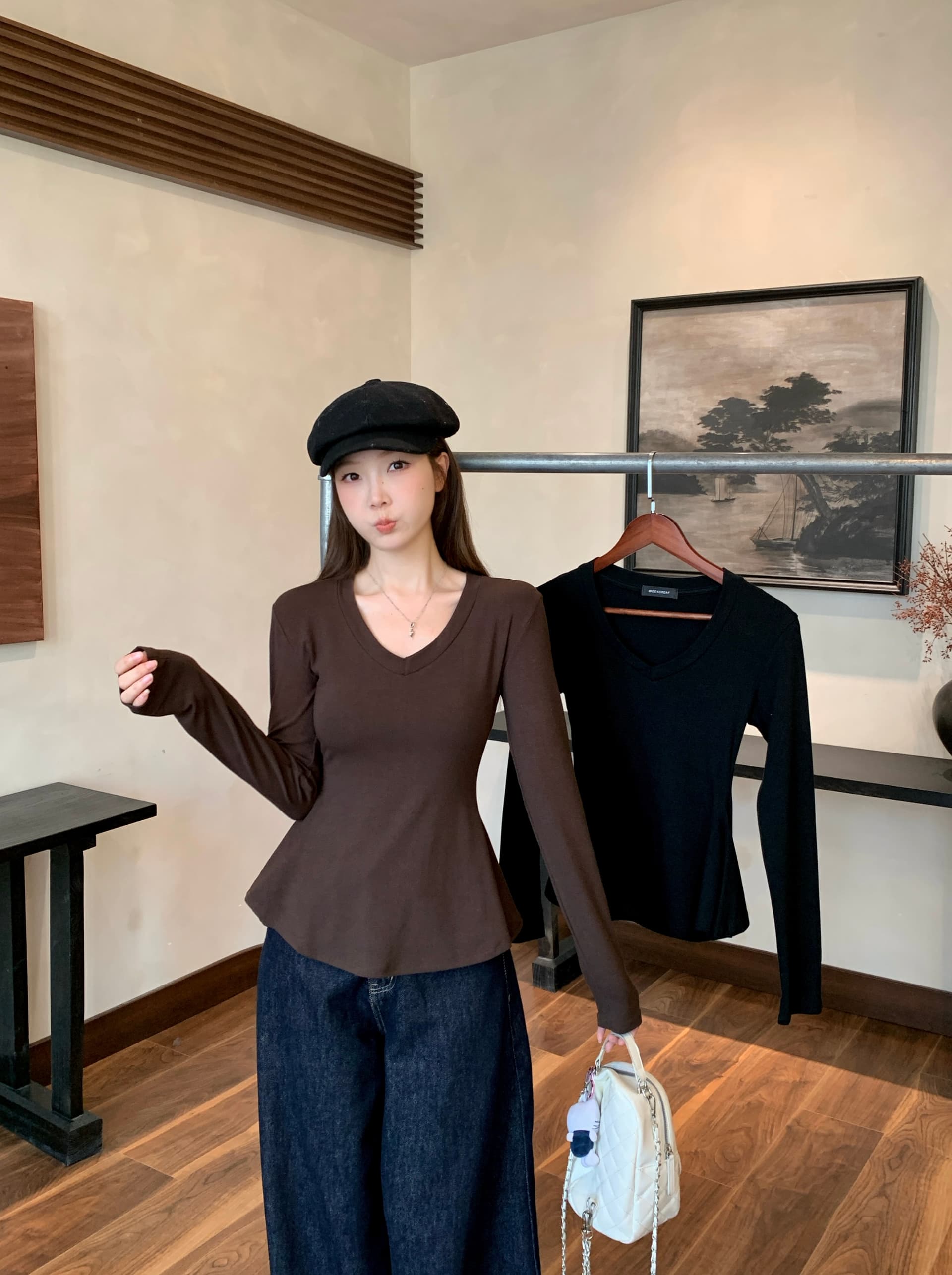 실사 빅 사이즈 지방 mm 가을 겨울 새로운 순수한 욕망 바람 핫걸 디자인 센스 V넥 꼬집기 허리 슬림해 보이는 티셔츠 기본 셔츠 상세 이미지 2