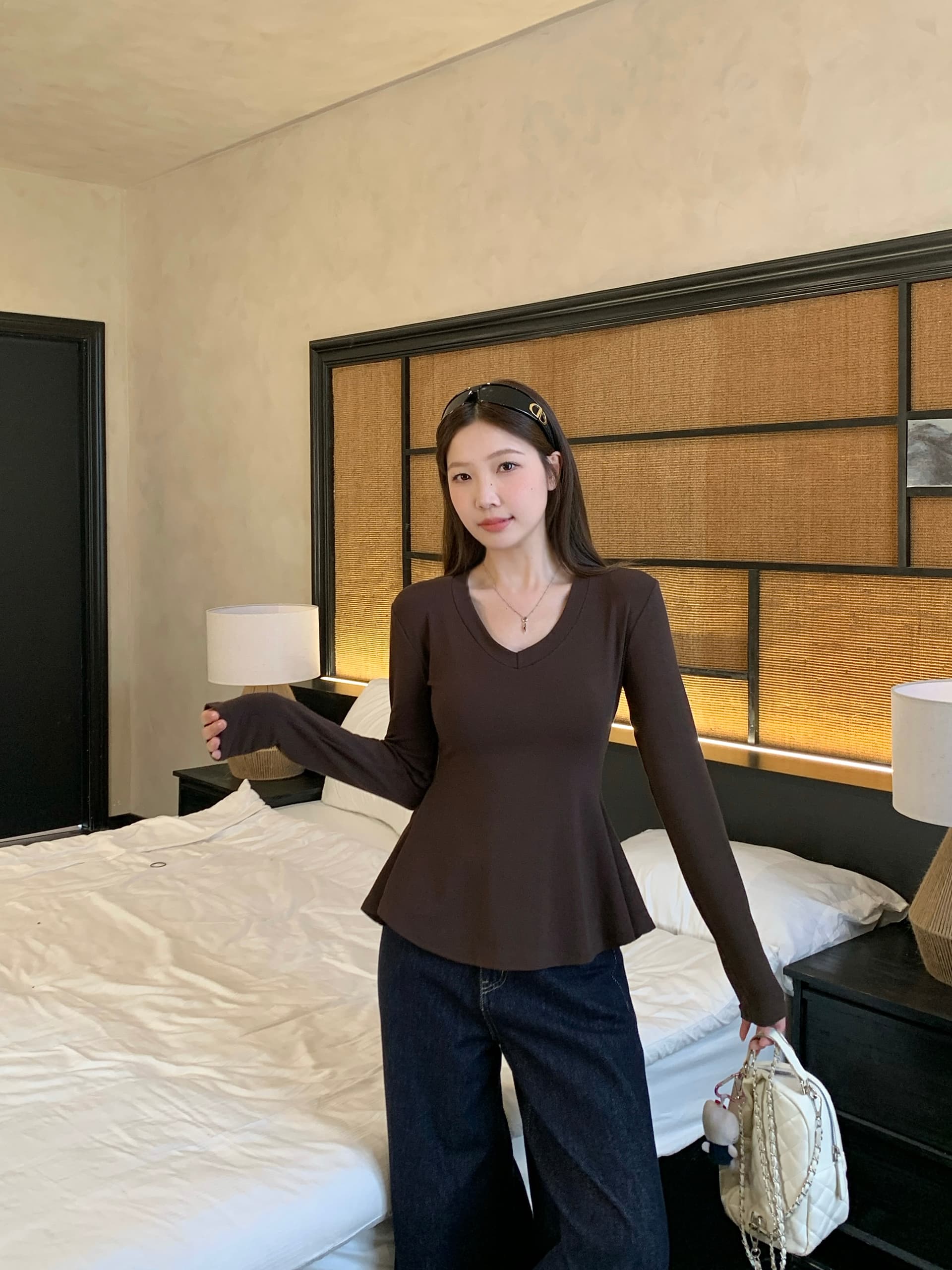 실사 빅 사이즈 지방 mm 가을 겨울 새로운 순수한 욕망 바람 핫걸 디자인 센스 V넥 꼬집기 허리 슬림해 보이는 티셔츠 기본 셔츠 상세 이미지 7